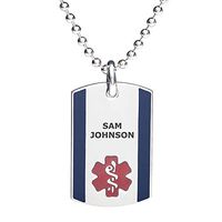 Divoti Deep Custom Laser Engraved Stainless Steel Medical Alert Necklace for Men, Steel Urban Tag Medical ID Necklace, Medical Dog Tag w/Free Engraving Chain 24 in Ball-TP Red/Deep Blue