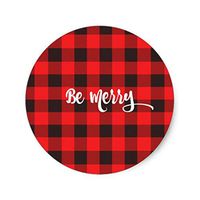 Red Black Buffalo Check Plaid Be Merry Round Christmas Label Tag Stickers for Envelopes