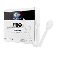 Qua Nevo 100% Biodegradable Compostable Disposable CPLA Cutlery Set 200 Pack (100 Forks, 50 Spoons, 50 Knives) | 7” Long Premium Ivory White Eco-Friendly Plastic Utensils Flatware Silverware