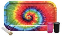 Mei Hua Rose Tip Packable Cigarette Tube (Elements Rolling Paper and Hemp Tip), Small Flip Top Storage Container (2 Pack), with Rolling Paper Depot Rolling Tray (Tie Dye) - 4 Item Bundle