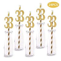 33rd Birthday Paper Straw Decor, 24-Pack Real Gold Glitter Cut-Out Numbers Happy 33 Years Party Decorative Straws