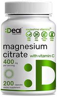 Premium Magnesium Citrate Plus Vitamin C, 400mg, 200 Capsules - Promotes Muscle,Heart,Bones Health&Calm Nerves - Chelated for Maximum Absorption