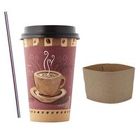 (50 Sets) 16 oz Disposable Coffee Cups with Dome Lids and Sleeves, FREE BONUS Stirrers, Coffee Print Paper Hot Cups with Black Lids, To Go Coffee Cups/Latte, Cappuccino, Tea, Chocolate