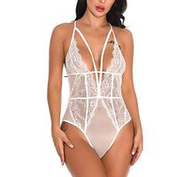 Haxikocty One Piece Underwear Women Lace V-Neck Lingerie Sexy Jumpsuit Blackless Bodysuit Sleepwear White