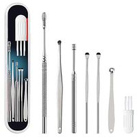 7 Pcs Ear Pick Ear Wax Remove Kit, Ear Cleaning Tools Set, Ear Curette Earwax Remove Tools with a Cleaning Brush and Storage Box, Silver