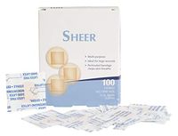 Sheer Bandages. Pack of 100 Adhesive Spots 7/8" for Wound Protection. Sterile Bandages with Non-Adherent pad. Single use. Micro Perforations. Easy to Apply.