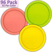 96 Paper Dinner Plates (9") - Neon Green, Coral, Neon Yellow - 32 Per Color, 3 Colors - Great Assortment for Birthday Parties, Weddings, Holidays, Baby Shower, Celebrations, and more