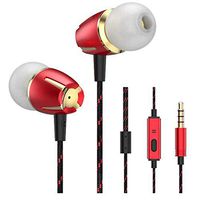 LEZII Wired Earbuds Headphones, Fullmetal Earphones, 3.6 Feet Long Fabric Cord, Nylon Cord, in-Ear, Stereo Bass, Microphone Call Controller, Next/Previous Song, Sport Running for iPhone Android Red