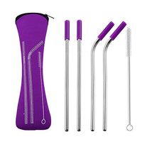 AINAAN Latest model Set of 4 Pieces Stainless Steel Straws,Reusable，With Cleaning Brush and Zipper Pouch Bag, 8.5 inch, Purple