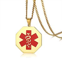 LiFashion LF Stainless Steel IP Gold Plated Personalized ICE Peacemaker Medical Alert Necklace Octagon Medical ID Tag Pendant Awareness Sos Emergency Allergy Jewelry for Men Women
