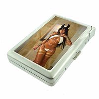Egyptian Pin Up Girls Egypt D6 Cigarette Case Lighter Smoking King Size Cigarettes Silver Metal Wallet 4" X 2.75" RFID Protection