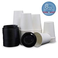 Set of 100 White 8 Ounce Paper Cups with 100 Black Lids for Hot Drinks, Tea and Coffee (Cups Made in USA)