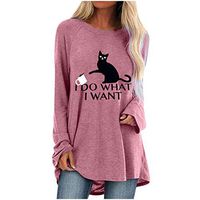 Sunhusing Women's Lazy Cat Letter Printed Loose Round Neck Solid Color Long Sleeve Pullover Long Tunic Tops(Pink,3XL)
