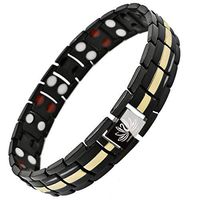 Double Strength Magnetic Therapy Bracelet Titanium 4in1 Bio Elements 44 Grains Power Health for Mens Benefits Arthritis Pain Relief (Black & Gold)