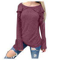 〓COOlCCI〓Women Long Sleeve Flare Sleeve Solid Round Neck Tunics Shirt Tops Casual Pullover Sweatshirt Casual Clothing Red