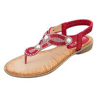 Cenglings Women Plus Size Clip Toe T-Strap Bohemian Rhinestone Flat Shoes Casual Bead Slingback Sandals Beach Party Dress Shoes(Red,38)