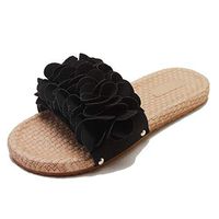 Emimarol Women's Ladies Round Toe Flower Flat Causal Slipper Shoes Beach Sandals Bohemian Indoor & Outdoor Slippers Black