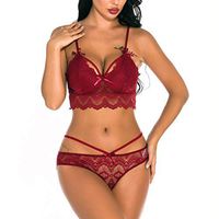 Haxikocty Women Sexy Lace Sleepwear V-Neck Lingerie Temptation Bra Underwear Nightwear Set Wine