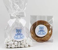 Blue Teddy Bear Baby Boy Shower Treat Party Favor Bag Set with Stickers & Twist-Tie Satin Bows. Set of 10 Clear Cellophane Goodie Gift Bags, Bows and Stickers. Blue, White, Clear