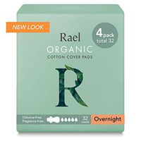 Rael Organic Cotton Sanitary Pads - Overnight Size, Ultimate Absorbency, Unscented, Secure, Ultra Thin Pads for Women (32 Total), Pack of 4
