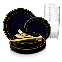 360 Piece Elegant Disposable Plastic Dinnerware Set for 60 Guests - Fancy Gold Rimmed Black Dinner Plates, Appetizer Plates, Cutlery Set & Party Cups For Wedding, Easter, Birthday & All Occasions
