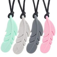 Sensory Chew Necklace for Boys and Girls - Chewable Silicone Pendant for Teething, Autism, Biting, ADHD, SPD, Oral Motor Aids for Kids -2 Pack Feather Biting Necklace (Gray Pink White Green)