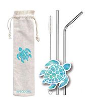 VSCO Set of 1 Straight + 1 Bent + 1 Brush, Silver Metal Straws Stainless Steel Straws Drinking Reusable 8.5" Long 6mm Diameter, Compatible with 20oz Tumblers + 1 Ocean Blue Watercolor Turtle Sticker