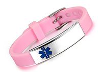 JF.JEWELRY Custom Engraved Medical ID Alert Bracelet for Kids Silicone Band & Stainless Steel Tag-Pink