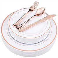 WDF-125 Piece Rose Gold Plastic Silverware Set&Disposable Plastic Plates- Premium Heavyweight Plastic Place Setting include 25 Dinner Plates,25 Salad Plates,25 Forks, 25 Knives, 25 Spoons (Rose Gold)
