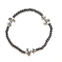 Black Magnetic Therapy Stretch Anklet with 3 Silver Anchors (Size Medium - 9.5")