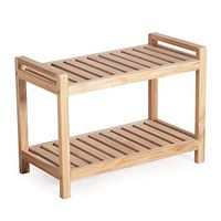 Light Natural Finish Solid Teak Wood Slatted Shower Bench Stool with Lower Shelf for Bathroom