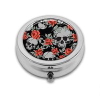 LuxSweet Pill Box,Grunge Human Skulls and Vintage Roses Pill Case for Purse Pocket Pill Organizer with 3 Compartments Silver 2.1 Inches Portable Vitamin Medicine Case Holder