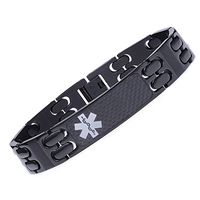 linnalove Warriors Black Stainless Steel Carbon Fiber Medical id Bracelet for Men-Free Engraving(8.5")
