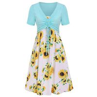 Dresses for Women Sunflower Print Short Sleeve Summer Casual Midi Dresses Suits Bow Knot Bandage Cover Up Straps Pleated Mini Tshirt Sun Dress