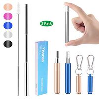2 PACK - Reusable Telescopic Travel Metal Straws, Yoocaa Portable Stainless Steel Food-grade Drinking um Case, Dishwasher Safe Straws with Aluminwith Cleaning Brush（Gold,Blue）
