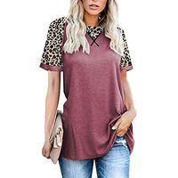 Meikosks Women's Leopard Patchwork T Shirt Crewneck Short Sleeve Tops Summer Casual Blouses Pink