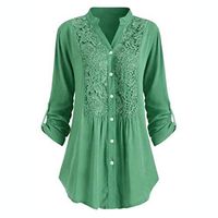 Meikosks Ladies V Neck Long Sleeve Shirt Large Size Blouses Button Lace Patchwork Tops Green