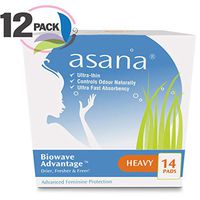 Asana Heavy Flow Sanitary Pads with Wings for Women – Ultra-Absorbent, Latex Free, Chemical Free, Naturally Helps Prevent Odor Caused from Yeast Candida – 14 Count - Pack of 12