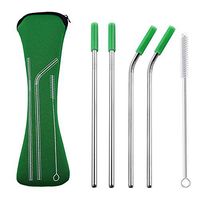 4Pcs Reusable Silicone Tips Cover Stainless Steel Straight Bent Drinking Straws - Green bjlongyi