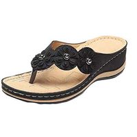 Veodhekai Women Sandals Flowers Flat Round Head Comfortable Casual Flip-Flops Shoes Wedding Beach Roman Sandals Black