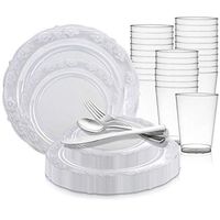 Disposable Plastic Dinnerware Wedding Value Set for 60 Guests - Includes Fancy Round Clear Dinner Plates, Dessert/Salad Plates, Silver Cutlery Set/Silverware & Cups For Birthday Party & All Occasions