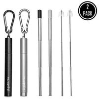 gudstraw | Reusable Metal Drinking Straw | Collapsible Retractable Telescopic Portable Stainless Steel | Silicone Tips Cleaning Brush Aluminum Case | Black and Silver