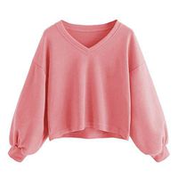Veodhekai Women's Tops Solid Drop Shoulder Lantern Sleeve Sweatshirt Pullover Tops Casual Long Sleeve V Neck Pink