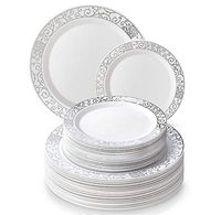 Silver Spoons PARTY DISPOSABLE 40 PC DINNERWARE SET Dinner 20 Salad/Dessert Plates | Heavy Duty Plastic Dishes | Elegant Fine China Look | Upscale Wedding and Dining (Venetian Collection Servings
