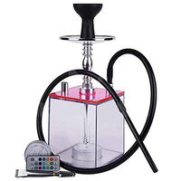 Smoke Starter Series: 11.8" 1 Hose Hookah Shisha Complete Set with LED Light and Remote, Square Acrylic, Mini Shisha Smoking Party Set, 1 Pro Lounge Hoses,E