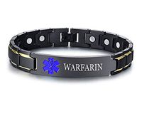 XUANPAI WARFARIN Brushed Name Plate ID Identity Magnet Therapy Medical Alert ID Bracelet(Black+Blue)