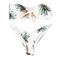 Gojendy Women Fruit Pineapple Printed Bathing Suit Tie Knot Decor Bandeau Bikini Swimsuit (XL, White)