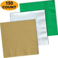 150 Lunch Napkins, Glittering Gold, Bright White, Emerald Green - 50 Each Color. 2 Ply Paper Dinner Napkins. 6.5" folded, 13.5" unfolded.