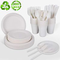 300pcs Disposable Biodegradable Dinnerware Set – Compostable Sugarcane Cups Plates, Eco-Friendly Cornstarch Spoons Forks Knives for Birthday Wedding Christmas Party Tableware