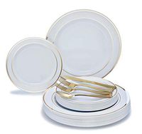 " OCCASIONS" 150pcs set (25 Guests)-Wedding Plastic Plates & cutlery -Disposable heavyweight Dinnerware 10.5'', 7.5'' + Silverware w/double fork (White & Gold Rim)
